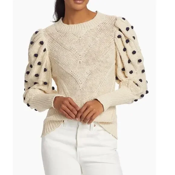 MARIE OLIVER Bridget Knit Bauble Detail Gathered Sleeves 100% Cotton Sweater S - Picture 3 of 14